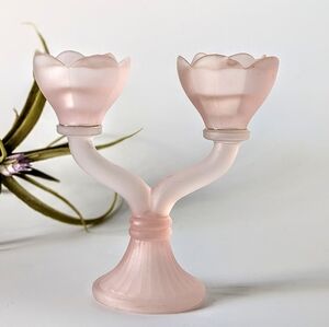 Vintage Pink Frosted Glass Double Candlestick Holder - 5 1/2 Inches Valentines